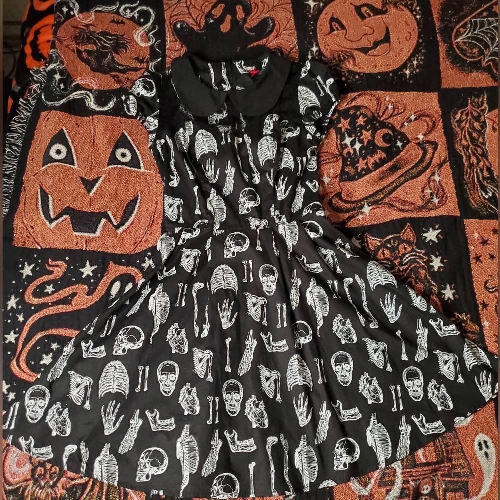 Hell Bunny Black and White Skeleton Dress With Peter Pan Collar Size XS